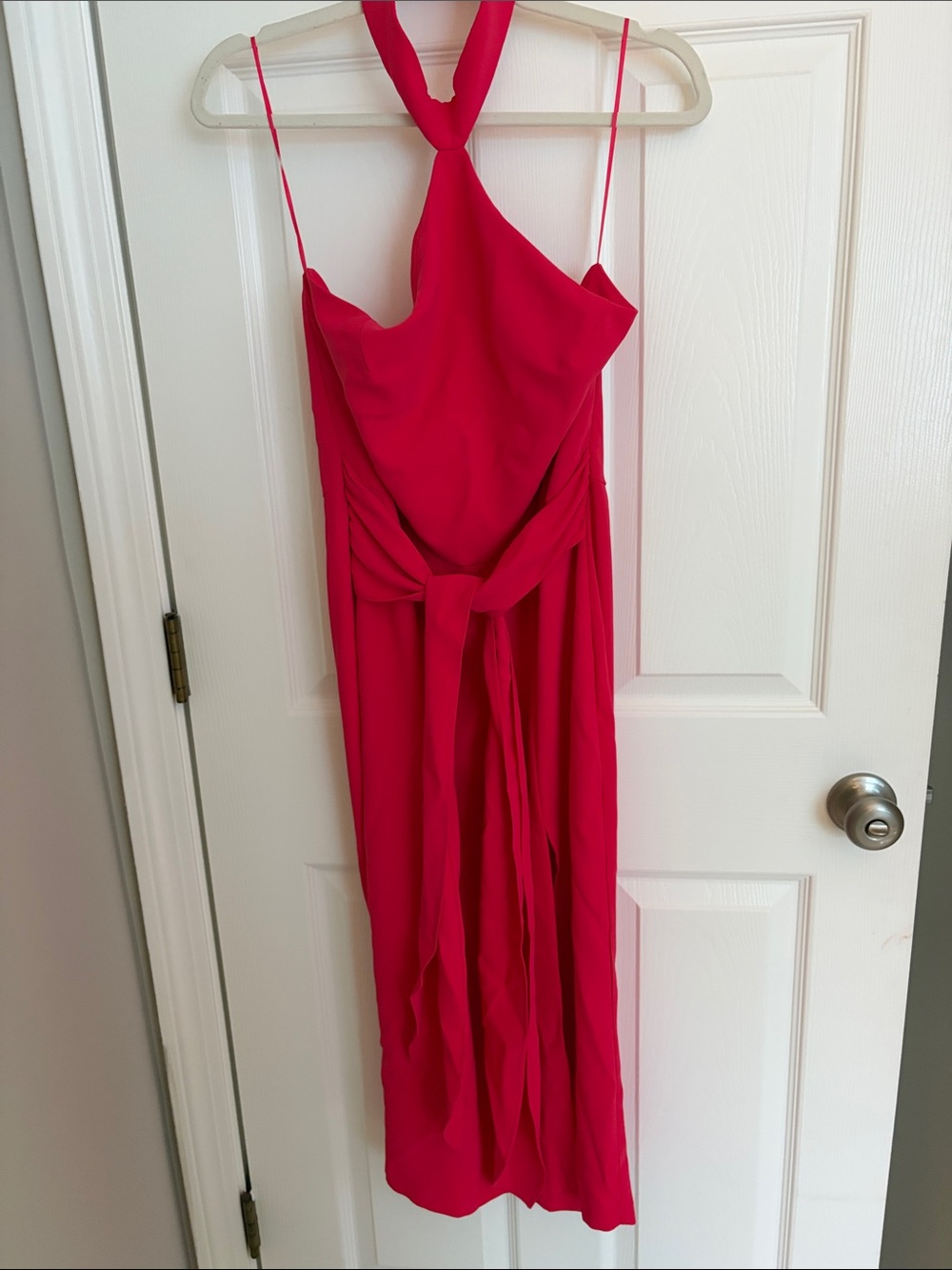 Amanda Uprichard Bright Pink One-Shoulder Midi Dress with Waist Tie